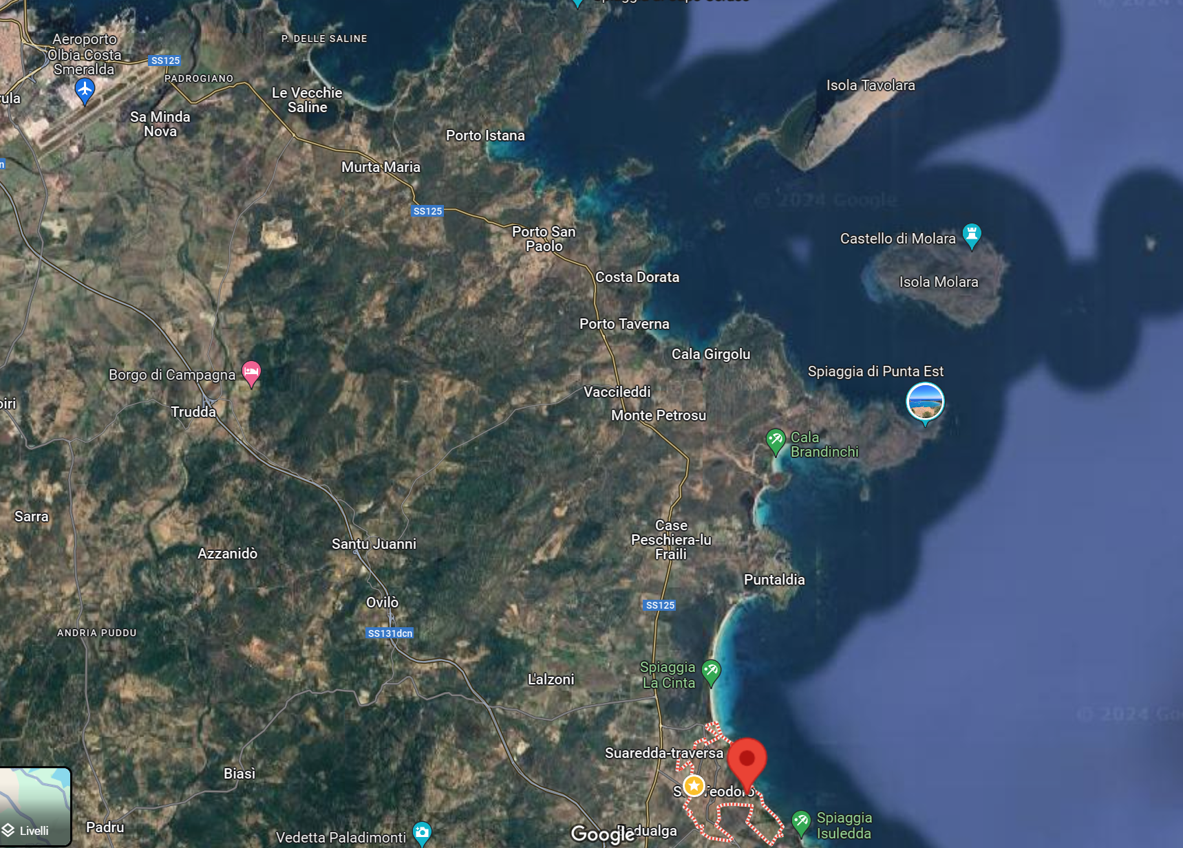 Mappa satellitare della costa nordorientale della Sardegna